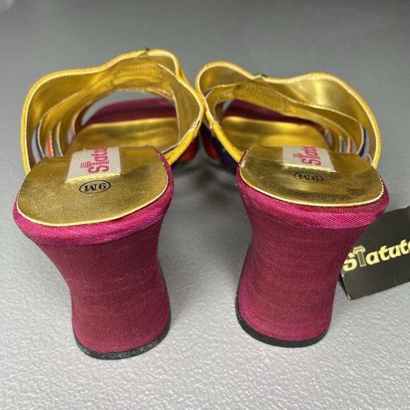 NWT Vintage Statutes Sandals 80s 90s Rainbow Fabric Strappy 3" Block Heel Size 9 - Picture 3 of 7